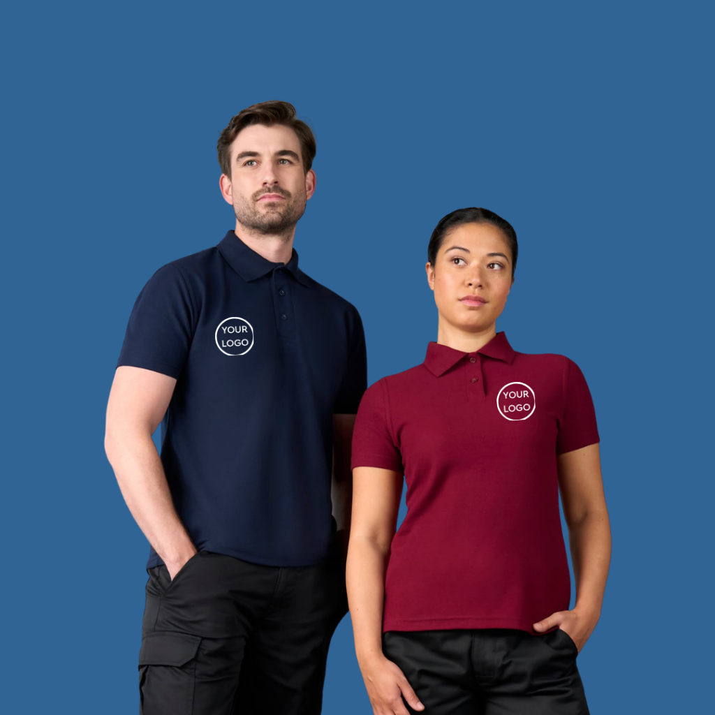 Man on the left is wear a dark navy polo shirt and the woman on the right is wearing a deep red polo shirt.